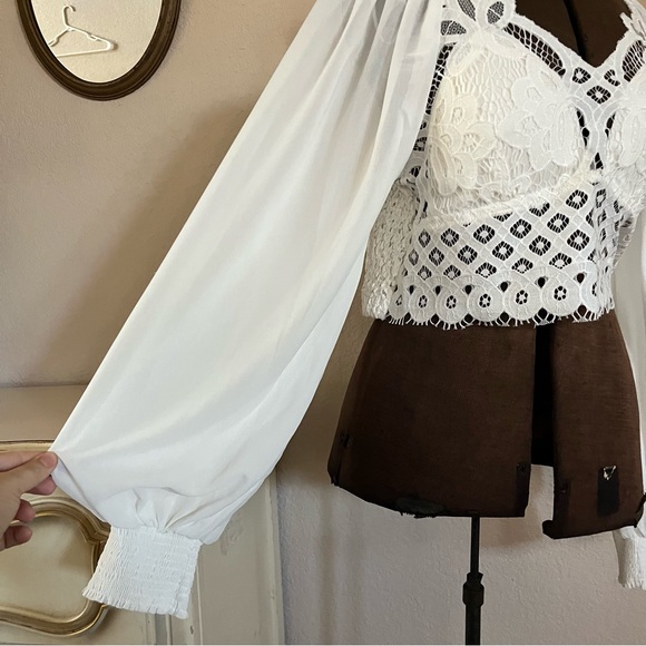 Flying Tomato Size XL White Crop Top Lace Balloon Sleeve Smocked Festival Pirate - Picture 5 of 12
